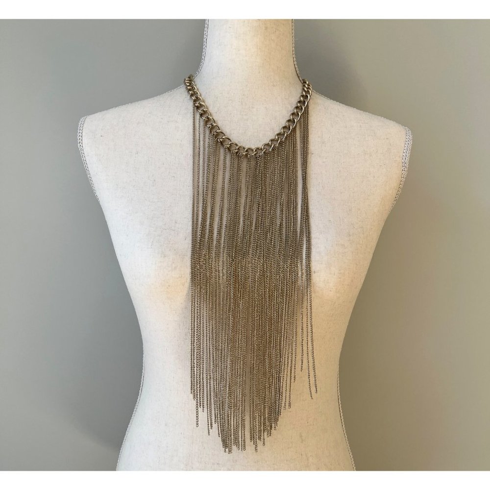 Statement Long Multiple Gold Tone Chains Fringe W… - image 1
